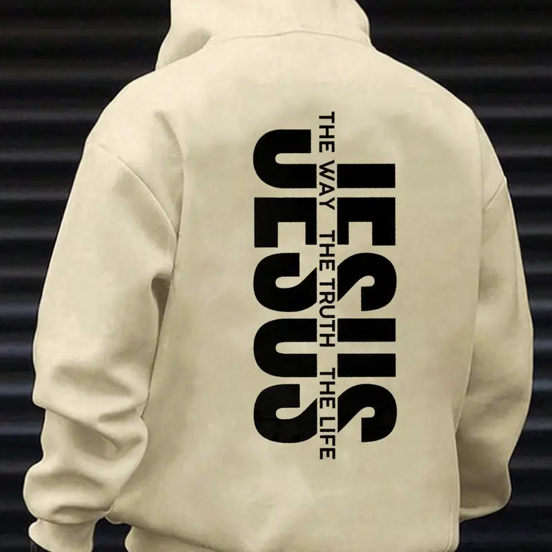 Men's Jesus The Way The Truth The Life Letter Print Knitted Hoodie, Fitted Casual Long Sleeve Graphic Hooded Sweatshirt for Daily Wear, Men's Clothes Tops for Fall & Winter, Menswear, Fabric, Faith Based Streetwear, Printed Hoodie