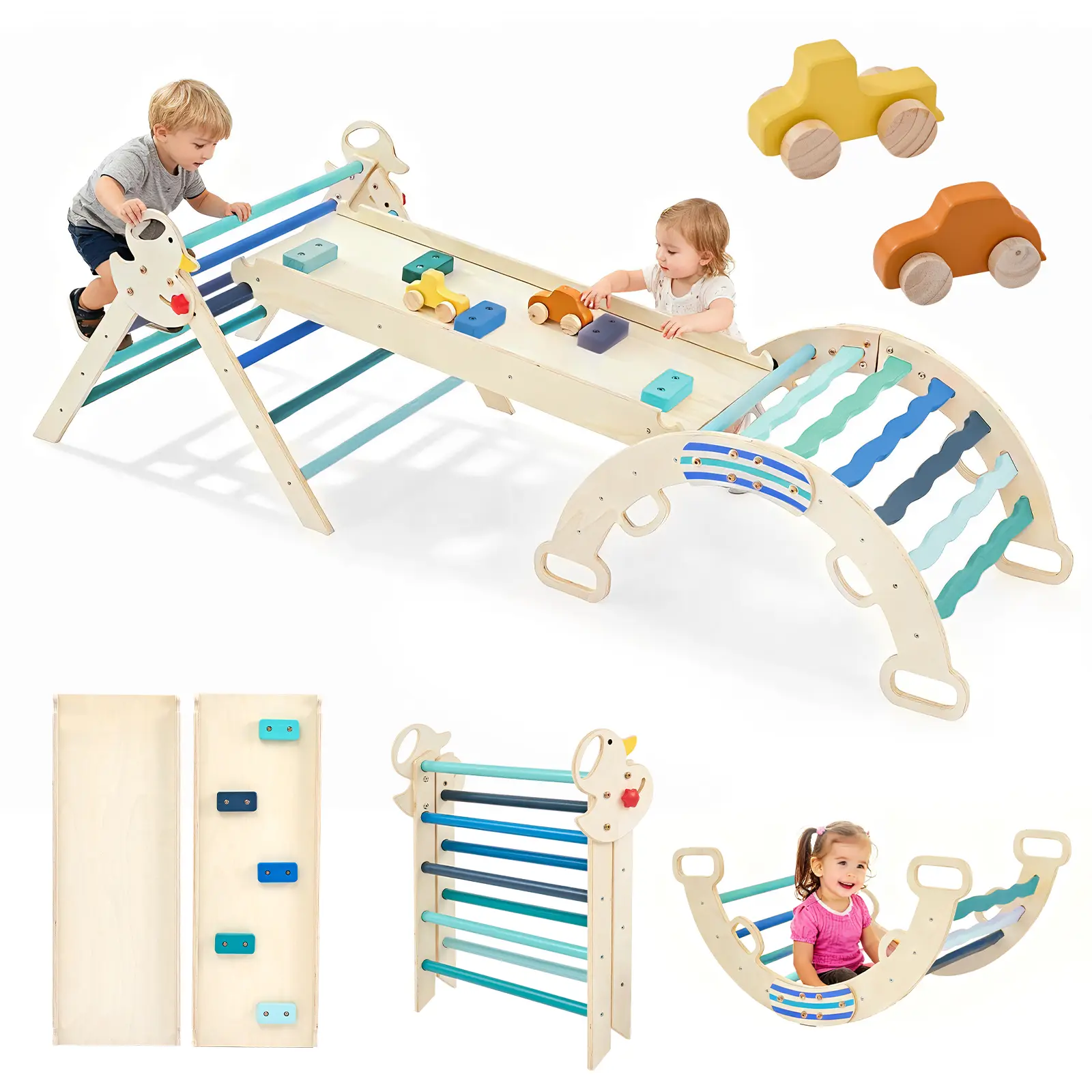 Pikler Triangle Set, Toddler Climbing Toys and Play Structure Indoor, 9-in-1 Wooden Montessori Climbing Set with Arch, Ramp and Ladder, Foldable Baby Jungle Gym
