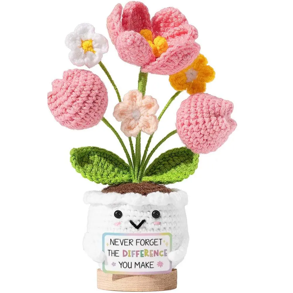 Handmade Yarn Crochet Flower Potted Plant with Wooden Base - Minimalist Desk Decor, Cute Smiling Piece with Inspirational Sign, Women's Teacher Appreciation Gift (Handcrafted Flower Uniqueness Highlighted)