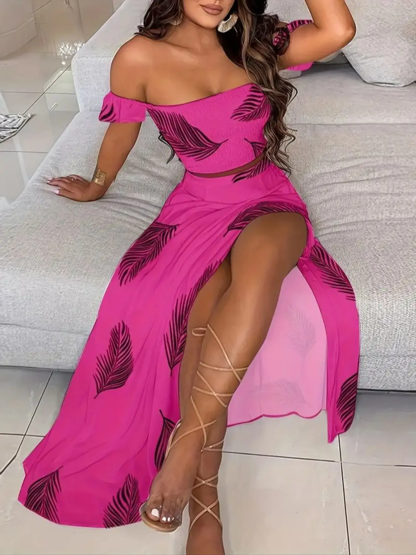 Elegant Bohemian Women's A-Line Long Dress Set, Fitted, Beach Vacation, Ruched Top + Elastic Waist Feather Print Skirt, Aesthetic Chic, Womenswear Clothes