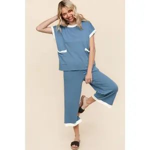 Bailey Vintage Denim & Ivory Set Womenswear Baby Clothes Elastic Pants Solid Spandex Suits