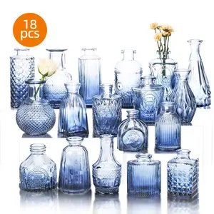 Whonline 18 Pcs Blue Bud Vases for Flowers, Vintage Clear Glass Vases Small Vases for Centerpieces for Home Table Decor Rustic Wedding Decorations, For Halloween and Christmas