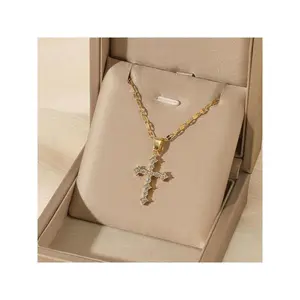 1pc women’s gold necklace, INS retro gold cross pendant necklace, European and American‑style personality CZ stone necklace, niche design titanium steel clavicle chain