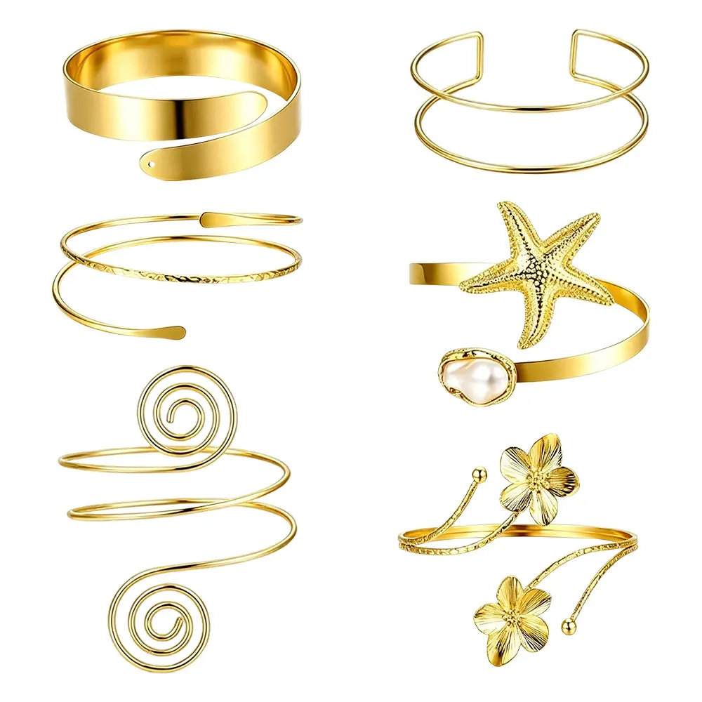 Women's 6-Pcs Gold Adjustable Fit Open Shape Armband Set - Adjustable Bracelet for Beach Events, Music Festivals, Boho Outfits