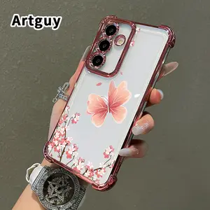 Butterfly under Cherry Blossoms Pattern Phone Case Suitable for Samsung Galaxy S23 Ultra S24 Plus S25 S22+ FE Edge Four Corner Air Cushion Anti Drop Transparent Full Coverage Cover
