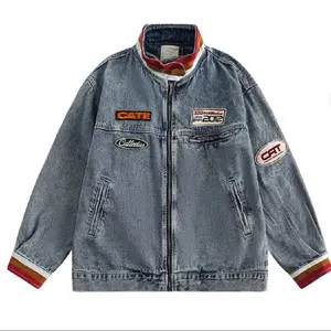 Vintage Retro Style Denim Jacket with Patches and Zipper Closure for Men and Women