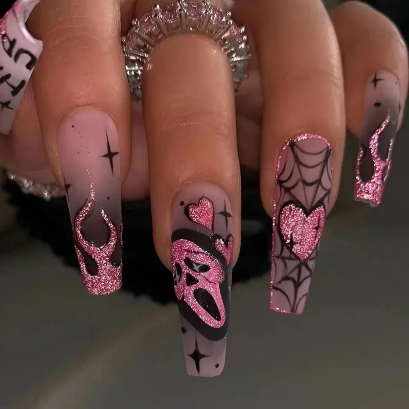 24pcs Glitter Pink Sequins Press-on Nails, 2026 Halloween Scary Skull Love Print Decorations, European Ballet Style Wearable Nail Art Accessories