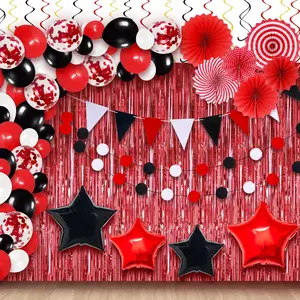 154PCS Red & Black Balloon Decoration Kit with Fringe Backdrop for Graduation & Birthdays