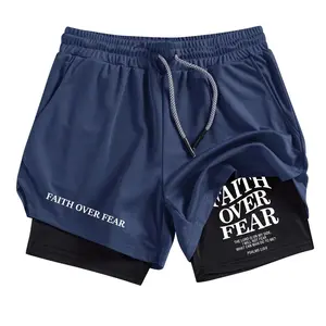 Faith Over Fear Men's Letter Print Sporty 2-in-1 Shorts, Summer Quick-Dry Breathable Gym Running Shorts, Fitted Multi-Pocket Design, Casual Wear, Athleisure Shorts, Athletic Wear Shorts outdoorfun