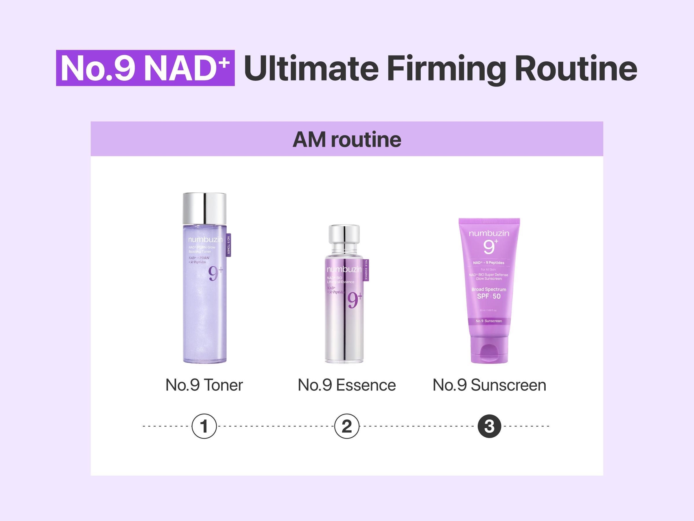 [numbuzin Official] No.9 Ultimate NAD+ Routine Set | No.9 Toner + Essence + Eye Cream + Under Eye Patches + Full-face Mask + Sunscreen | Firming, Wrinkles, Fine Lines, Anti-aging | NAD+, Peptides based | 9 to 9 Skincare Routine