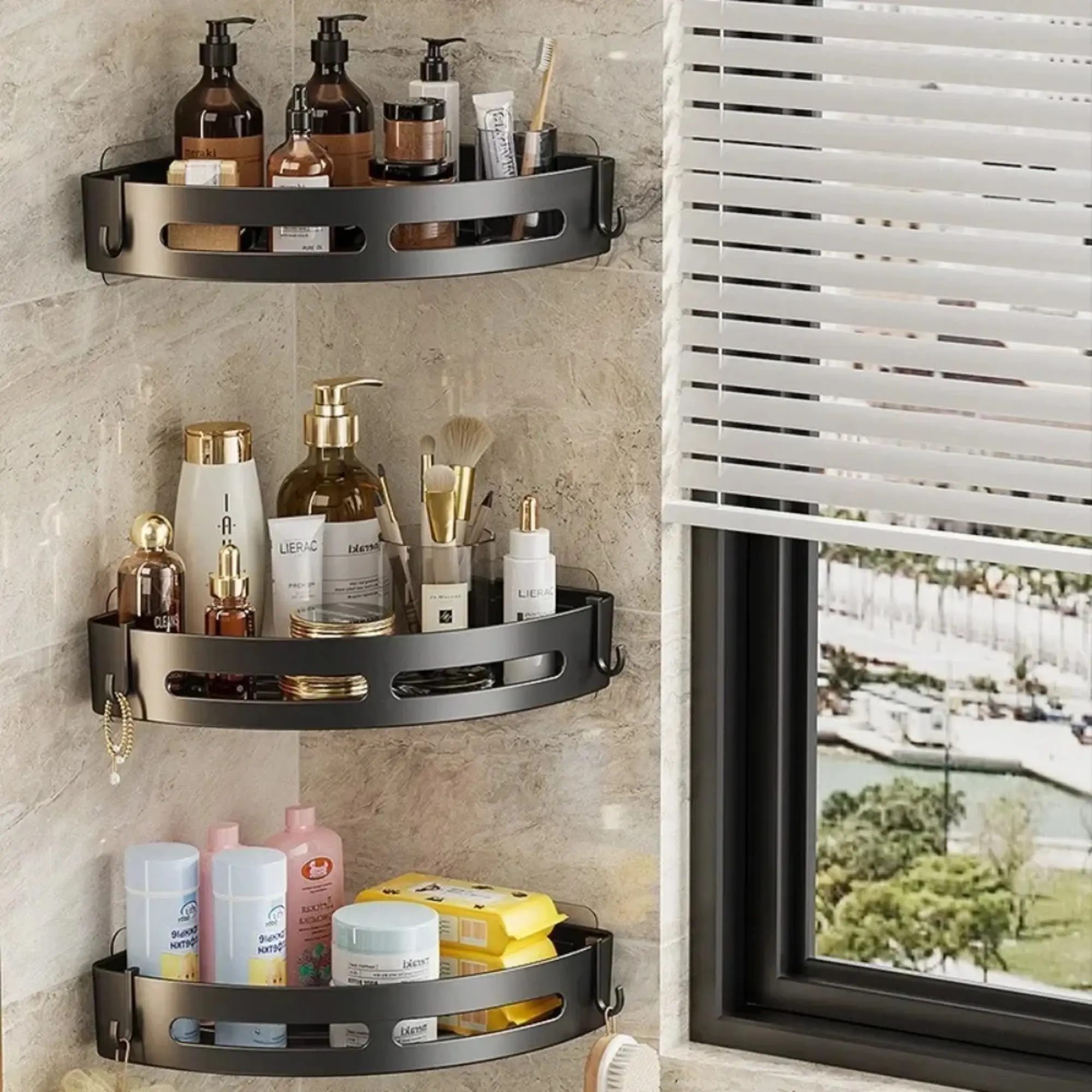 3PCS Strong Adhesive No-Drill Wall-Mount Shower Shelf Organizer, Waterproof Bathroom Accessories Organizer with Shampoo & Towel Holder for Easy Installation