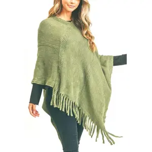 Line Stitch Flat Knit Fringe Poncho