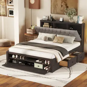 Queen Size Bed with Storage Upholstery Headboard, Shoe Rack and 4 Drawers, Wood Platform Bed Frame, Espresso