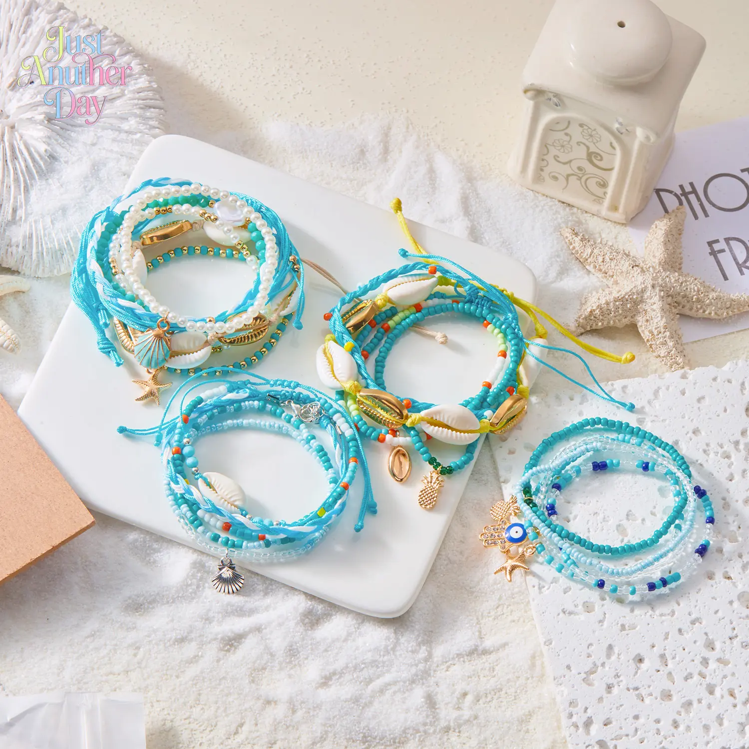 Bohemian Beach Bracelet Set, Colorful Dopamine Seed Bead Stackable Bangles with Starfish & Shell Charms for Summer