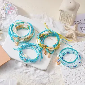 Bohemian Beach Bracelet Set, Colorful Dopamine Seed Bead Stackable Bangles with Starfish & Shell Charms for Summer