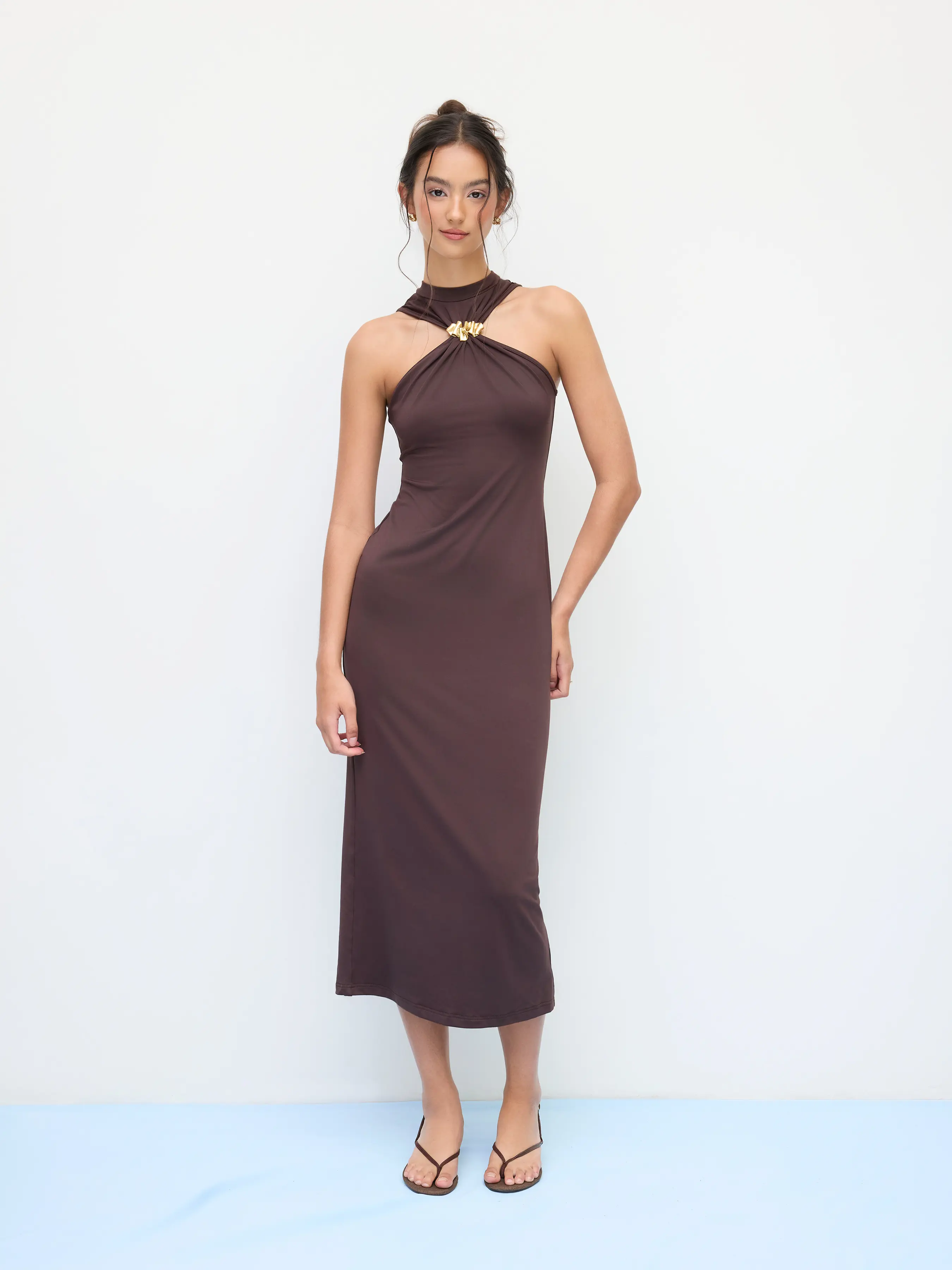 Cider Stand Collar Metal Detail Split Back Maxi Dress
