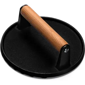 Heavy Duty Cast Iron Burger Press - 7 Inch Round Smash Bacon Press with Wood Handle, Perfect for Griddle, Sandwich, Nonstick Pan, Meat Steak Press