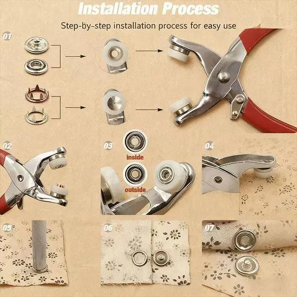 100PCS Metal Snap Buttons with Hand Press Pliers Set, Sewing Accessories Kit for DIY Clothing, Hats & Crafts, Seamless Fastener Tool Set