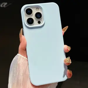 Matte Macaron Blue Edge Solid Liquid Silicone Anti-Drop Shockproof Phone Case, Blogger Design for Girls, Fits iPhone 16e/16 Pro Max/15 Pro Max/14/12/11 Pro