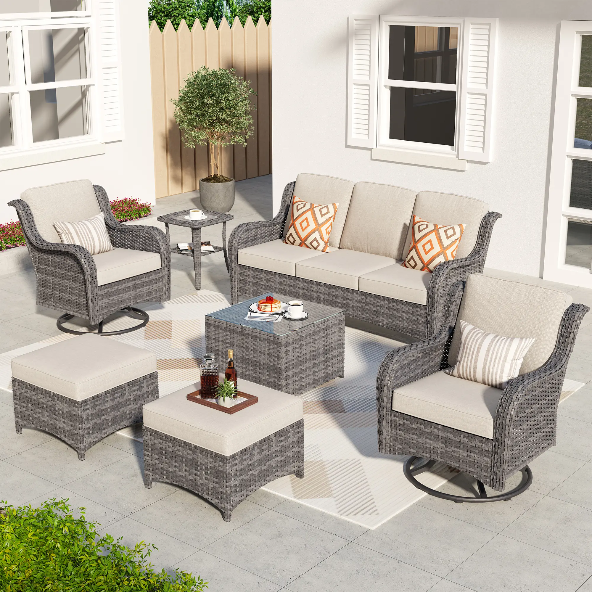 7-Piece Outdoor Wicker Patio Furniture Set with 3 Seat Sofa, 2 Swivel Chairs, 2 Ottomans & Coffee Table for Backyard, Balcony & Deck with Soft Cushions,All Weather for Use