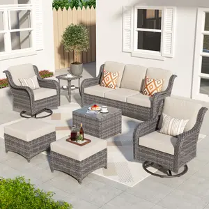 7-Piece Outdoor Wicker Patio Furniture Set with 3 Seat Sofa, 2 Swivel Chairs, 2 Ottomans & Coffee Table for Backyard, Balcony & Deck with Soft Cushions,All Weather for Use