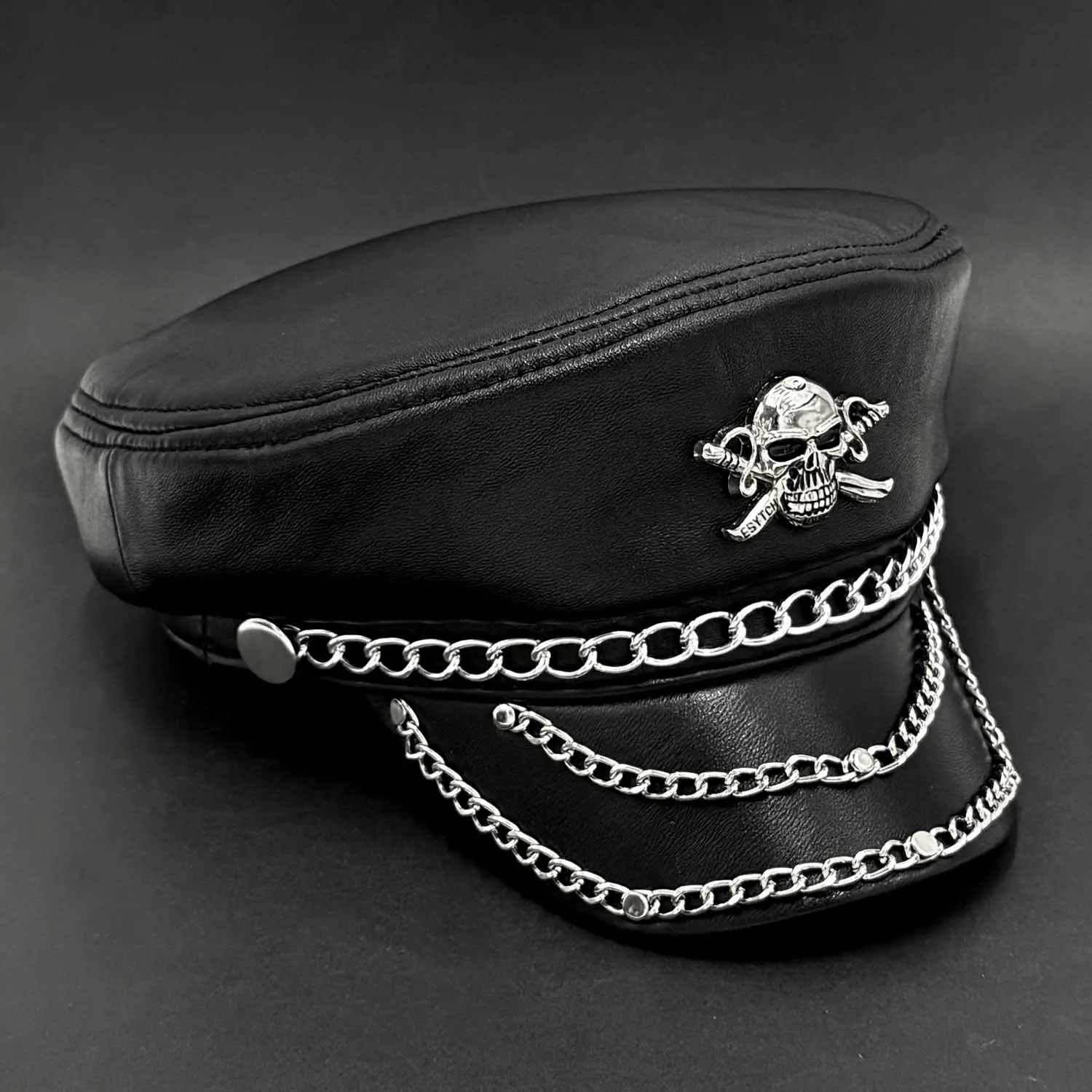 Metal Chain Studded Skull Mens Real Leather Steampunk Rock Cap Hat