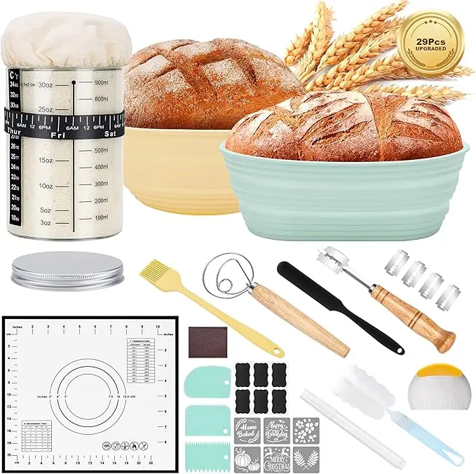 Sourdough Starter Kit, Sourdough Bread Baking Supplies with 9'' Round Banneton Bread Proofing Basket, 34oz Sourdough Starter Jar, Bread Lame, Dough Scraper, Dough Whisk & Silicone Baking Mats