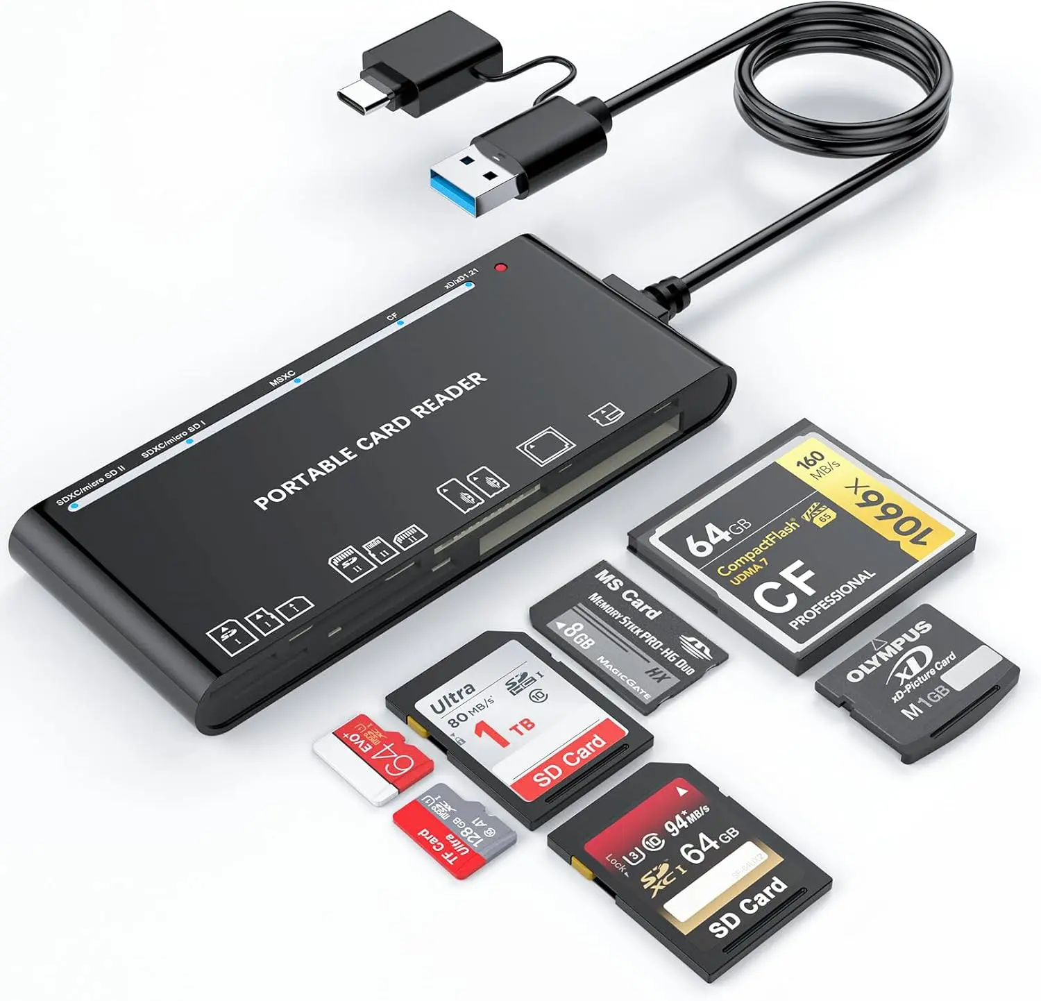 7-in-1 Multi Memory Card Reader, USB-C USB SD Card Reader for SD, TF, CF, XD, MS, and for iPhone/iPad/MacBook/Samsung/PC, SD Card Reader for PC, Plug and Play