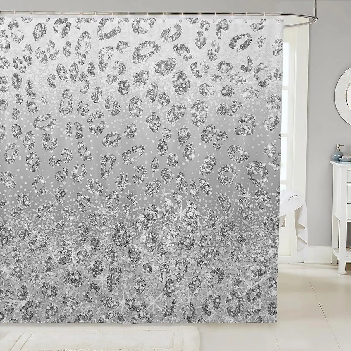 Diamond Sequins Bath Curtain Dreamy Princess Style Shower Curtain for Kids Teens Gradient Gray Bathroom Shower Liner Silver Shiny Waterproof Waterproof Polyester Polyester