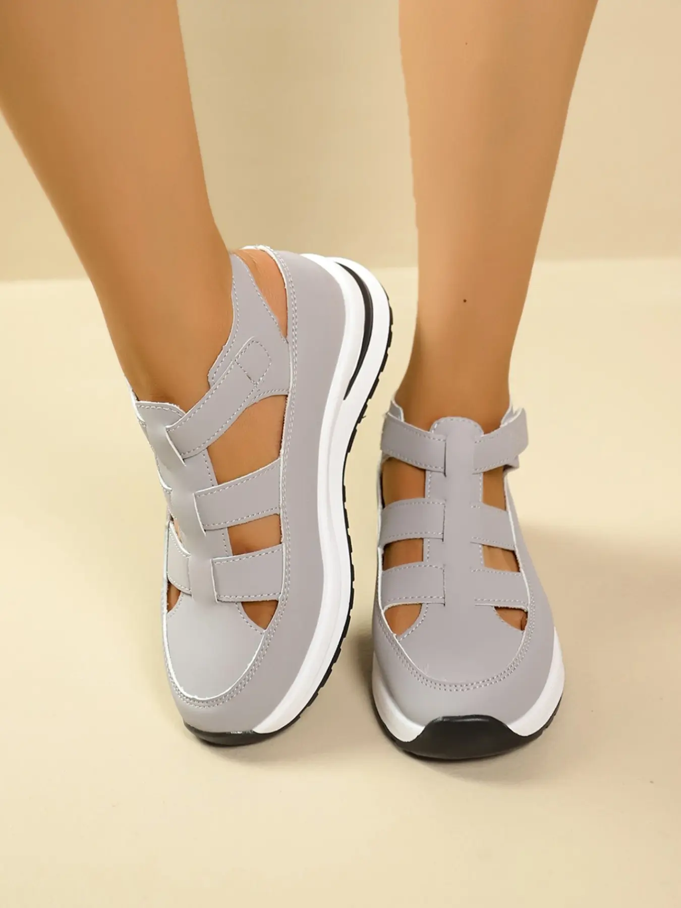 Summer new wedge heel thick soled sandals for women, Platform Heeled Sandals, Fashionable Wedge Sandals, PU upper+hollow breathable design, waterproof, casual women's sandals, perfect for daily wear