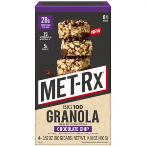 MET-Rx Big 100 Protein Bars - Granola Chocolate Chip Meal Replacement Snack - 4 Ct
