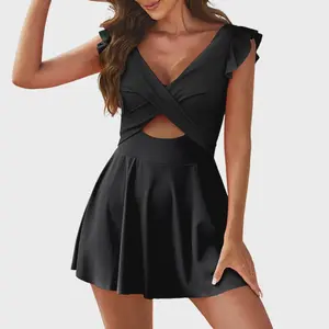 Women's One Piece Swimsuit Ruffle Cutout Swimdress Tummy Control V Neck Wrap Swimwear Swimming Sport Clothing Beach 2
