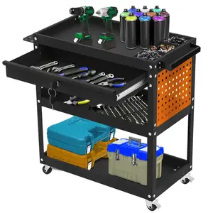 3-Tier Heavy Duty Rolling Tool Cart with Drawers & Pegboard – 440 lbs Capacity Steel Utility Cart on Wheels, Lockable Work Cart for Mechanic, Garage, Workshop
