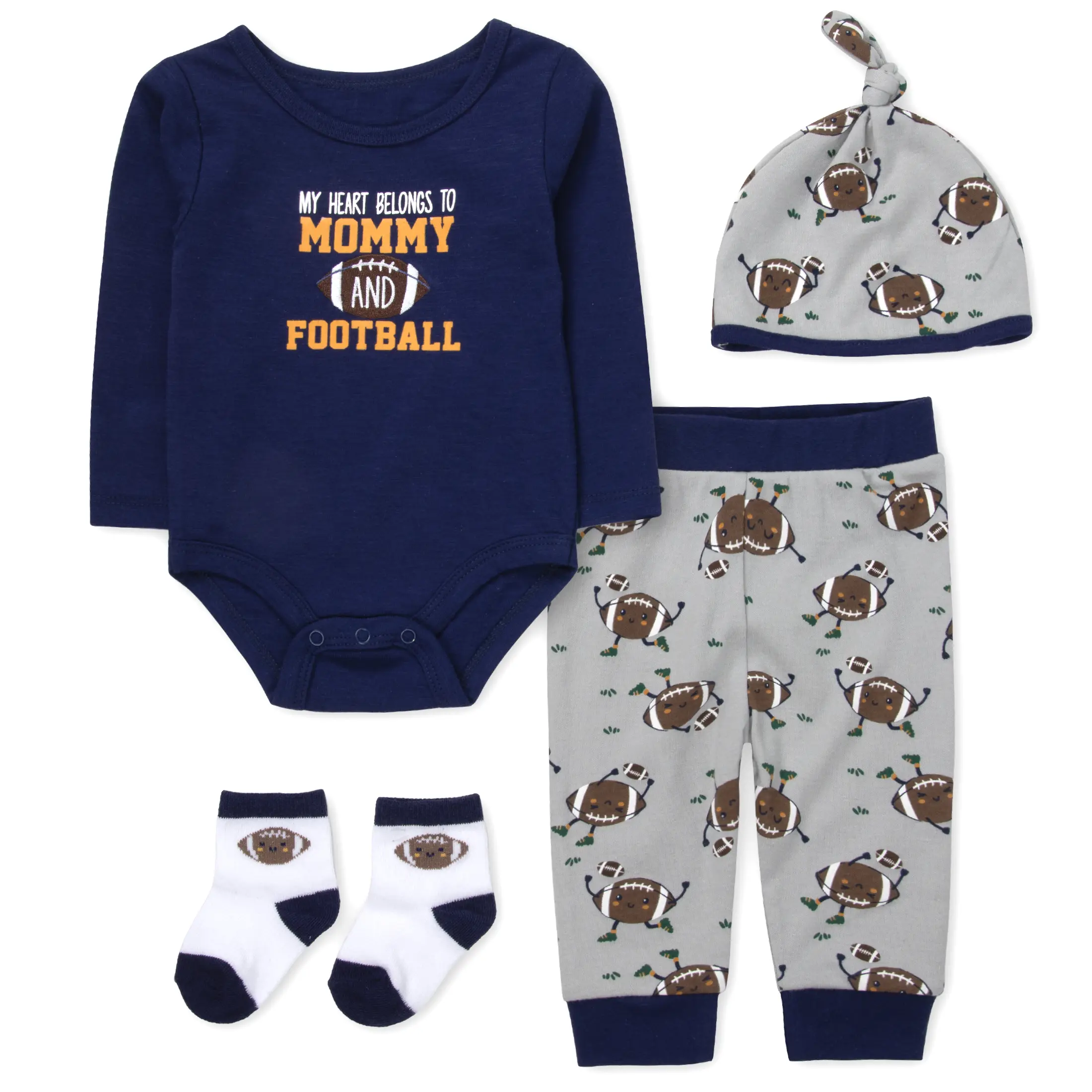 Baby Essentials Football Outfit 4-Piece Set – Bodysuit, Pants, Hat & Socks