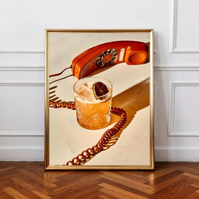 Retro Telephone Poster, Vintage Cocktail Wall Art, Orange Aesthetic Print, Modern Kitchen Decor, Trendy Gallery Wal