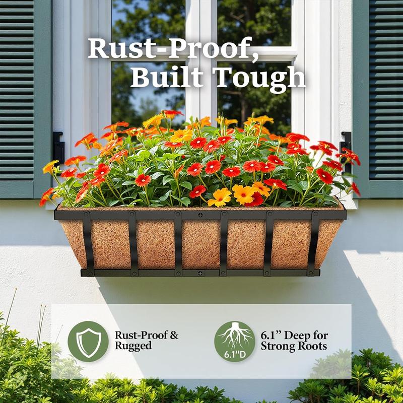 Railing planter boxes heavy duty wallmounted window box planters with coco liner outdoor window flower boxes for windowsill deck porch balcony and patio gardening  24 inch