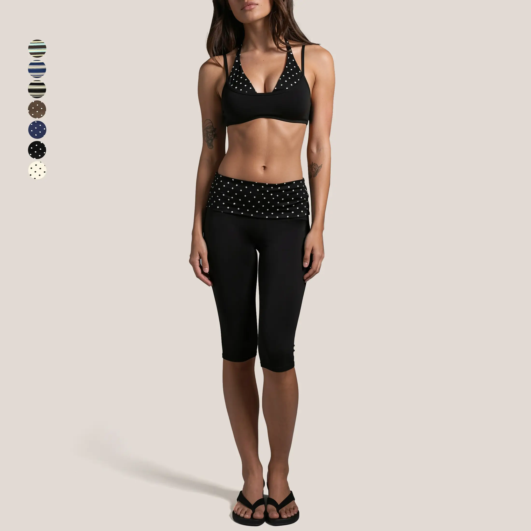 GIAFIRE Women's 2-Piece Casual Sports Set Halter spliced striped/polka dot sports bra and high-waisted hip-lifting cropped capri pants Highly stretchy & breathable yoga outfit, perfect for Pilates, gym workouts and daily casual wear