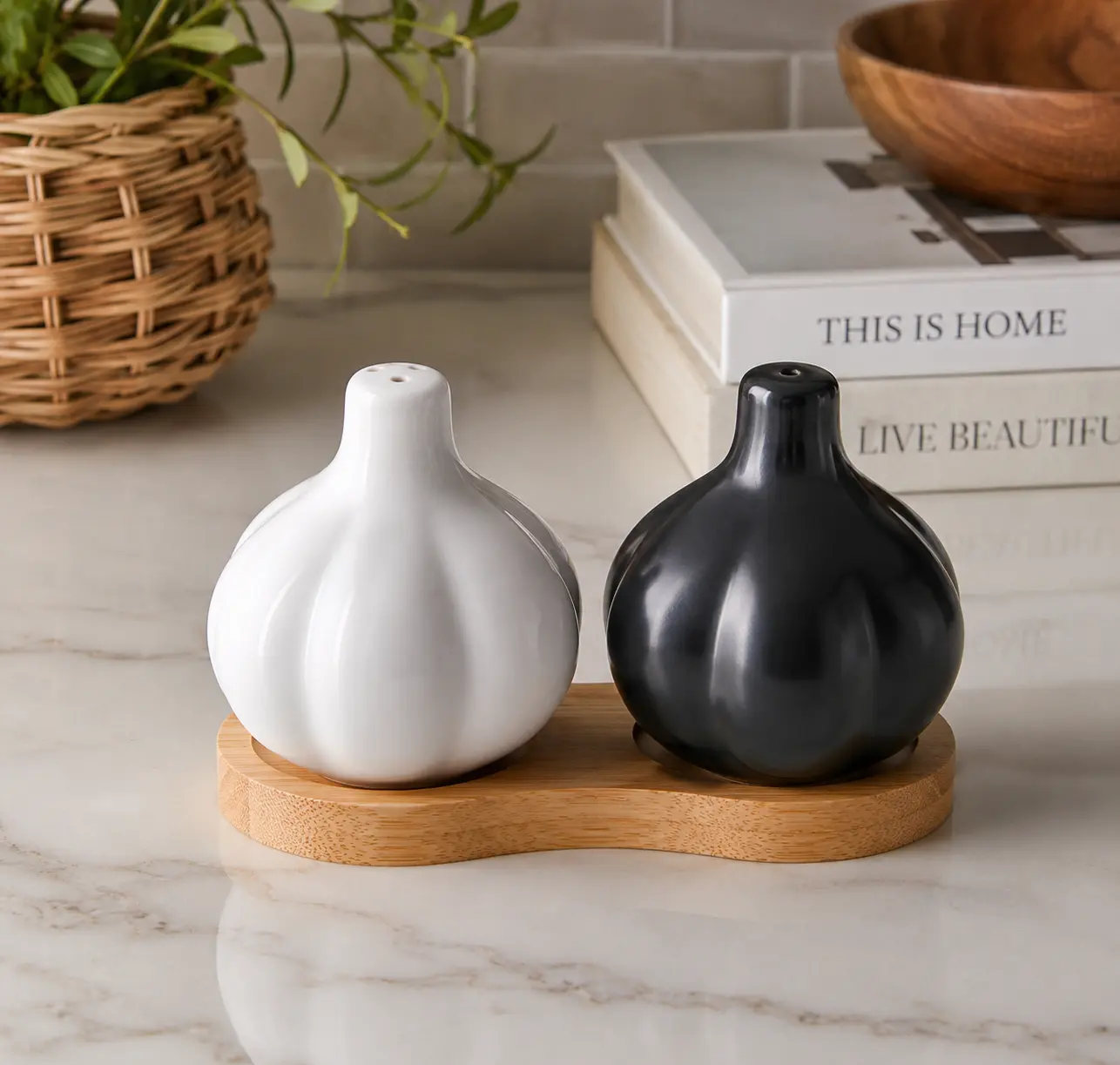 Ceramic Salt and Pepper Shaker Set with Bamboo Tray