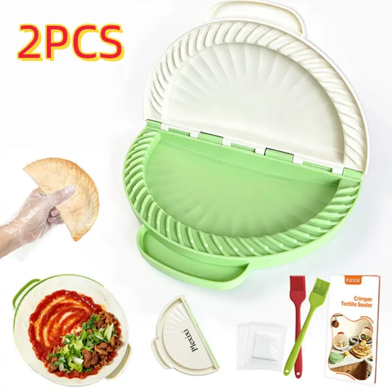 2PCS PLEXIXI Crimper Tortilla Sealer, For 10 inch Flour Tortillas Crimper for Quick Quesadilla Crimper Taco Sealer Press, Easy Crimper Tool, Includes 2*Brush Green and beige