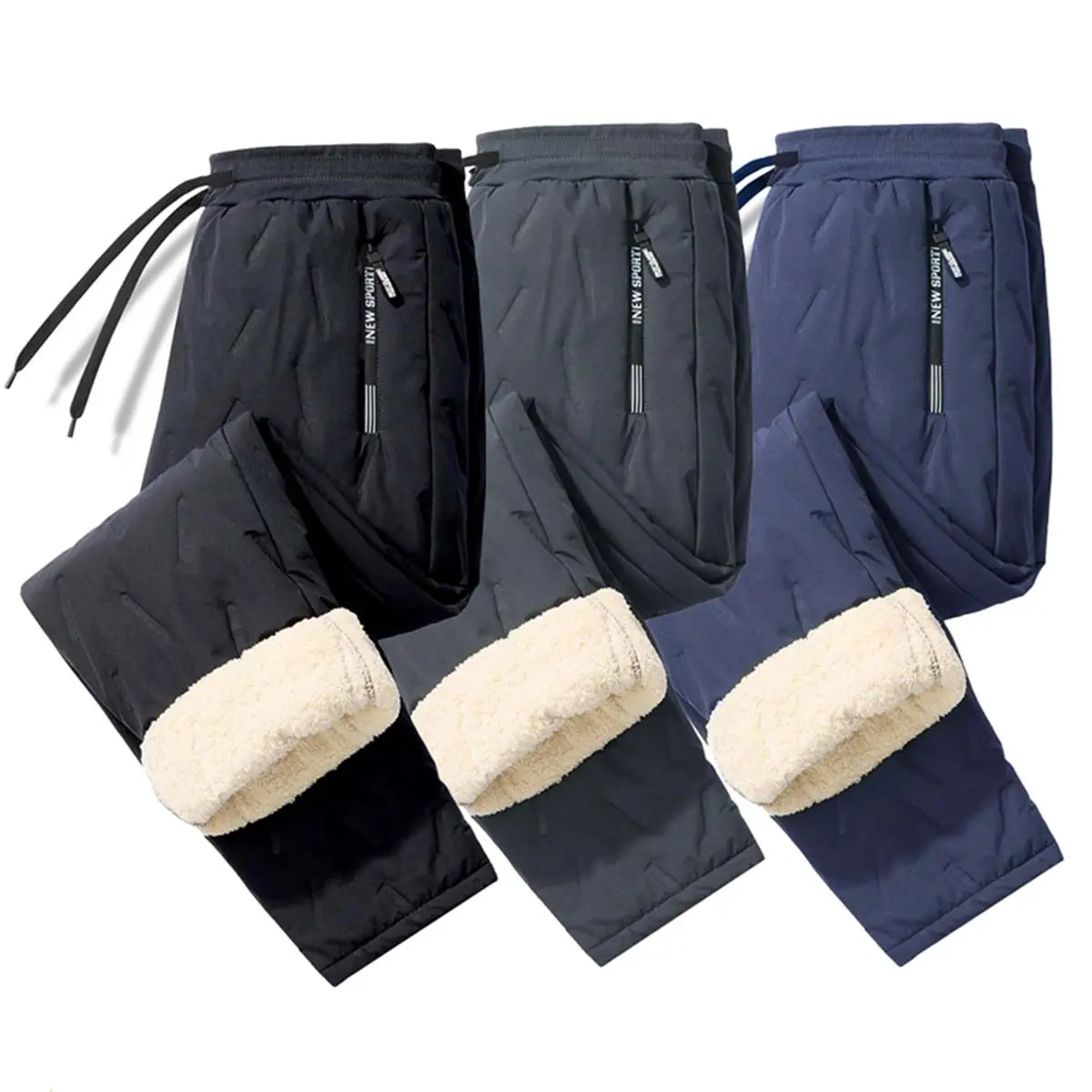 Men's 3-piece set of solid color zip pocket thermal pants, regular comfortable casual waterproof drawstring waist, autumn and winter fleece-lined pants, sports casual, three-color simple sportswear, winter essential, everyday casual　 Plain SpringStatement