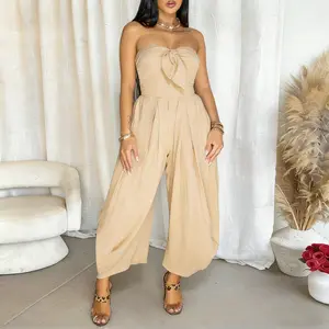 Kafiloe Jumpsuits for Women Sexy Off Shoulder Strapless Bow Tie Harem Pants Romper