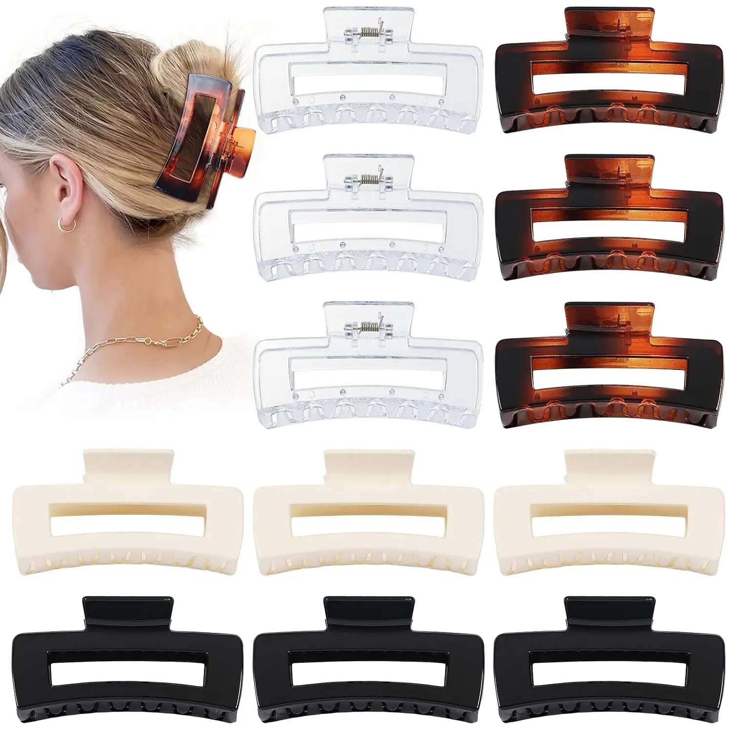 4.1 Inch Large Claw Clips - 12 count  Square Jaw Clips for Thick Hair, Bulk Hair Accessories for Women and  - Transparent