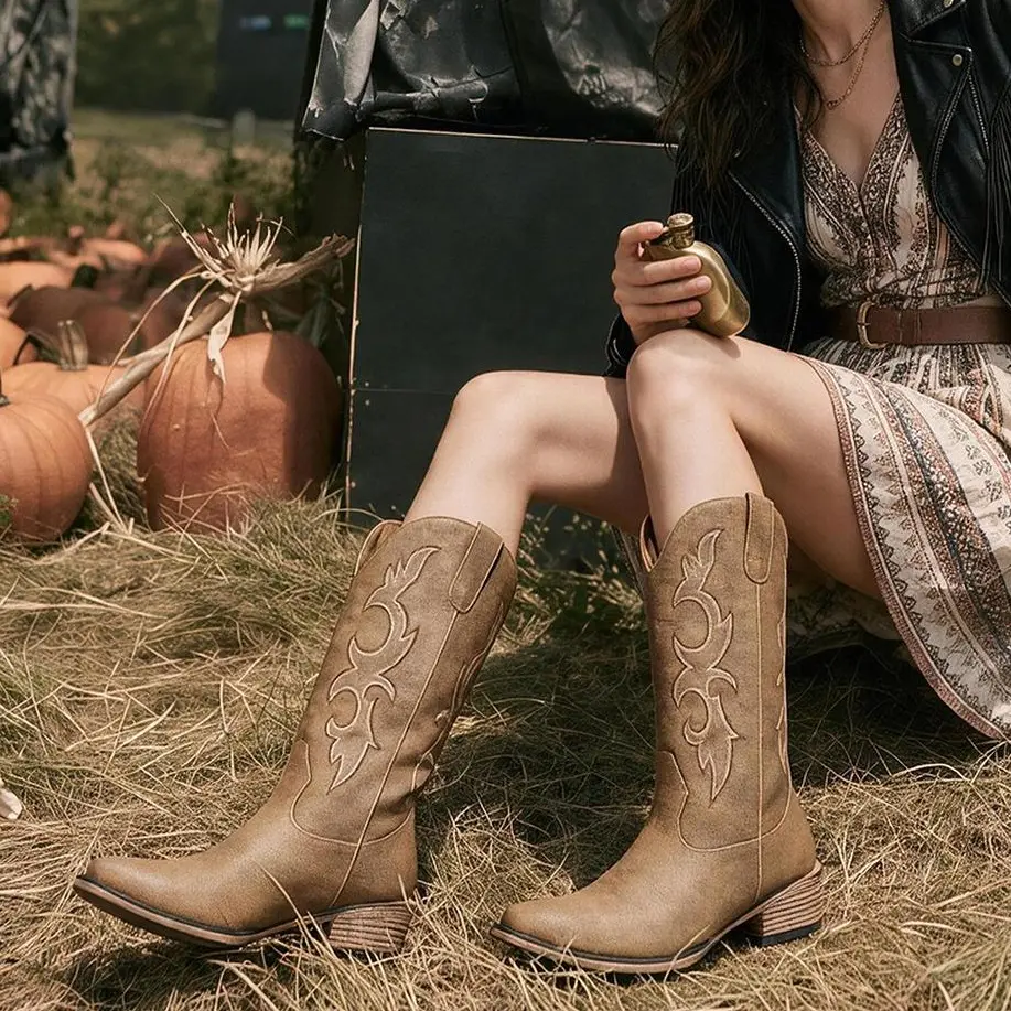 Women's Exquisite Hand Embroidery Cowgirl Booties - Shoes for Women, Classic Pull-On Mid-Calf, Chunky Heel, Pointed Toe, Stud Accent, Breathable Synthetic, All Seasons Footwear Fashion, Country Concerts Dates, Sohochic Outdoor Shoes