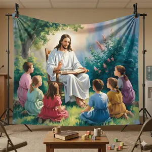 2D Flat, 1pc Religious Jesus & Children's Garden Banner - Jesus Religious banner, Multicolor Decor, Church Party Supplies, Polyester Fabric Decoration for Home & Events, - Decorative Signage, 2D Flat