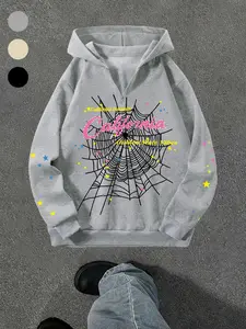 Half-Zip Hoodie with Spider Web Graphic Pattern, Colorful Star Sleeves, Fashion Streetwear, Casual Sweatshirt, Unique Fashion & Personality Design