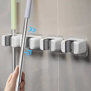4-Piece Wall-Mounted Mop and Broom Rack, Space-Saving Vertical Storage, No Screws Needed, Modern Cleaning Hooks for Home, Kitchen, Bathroom