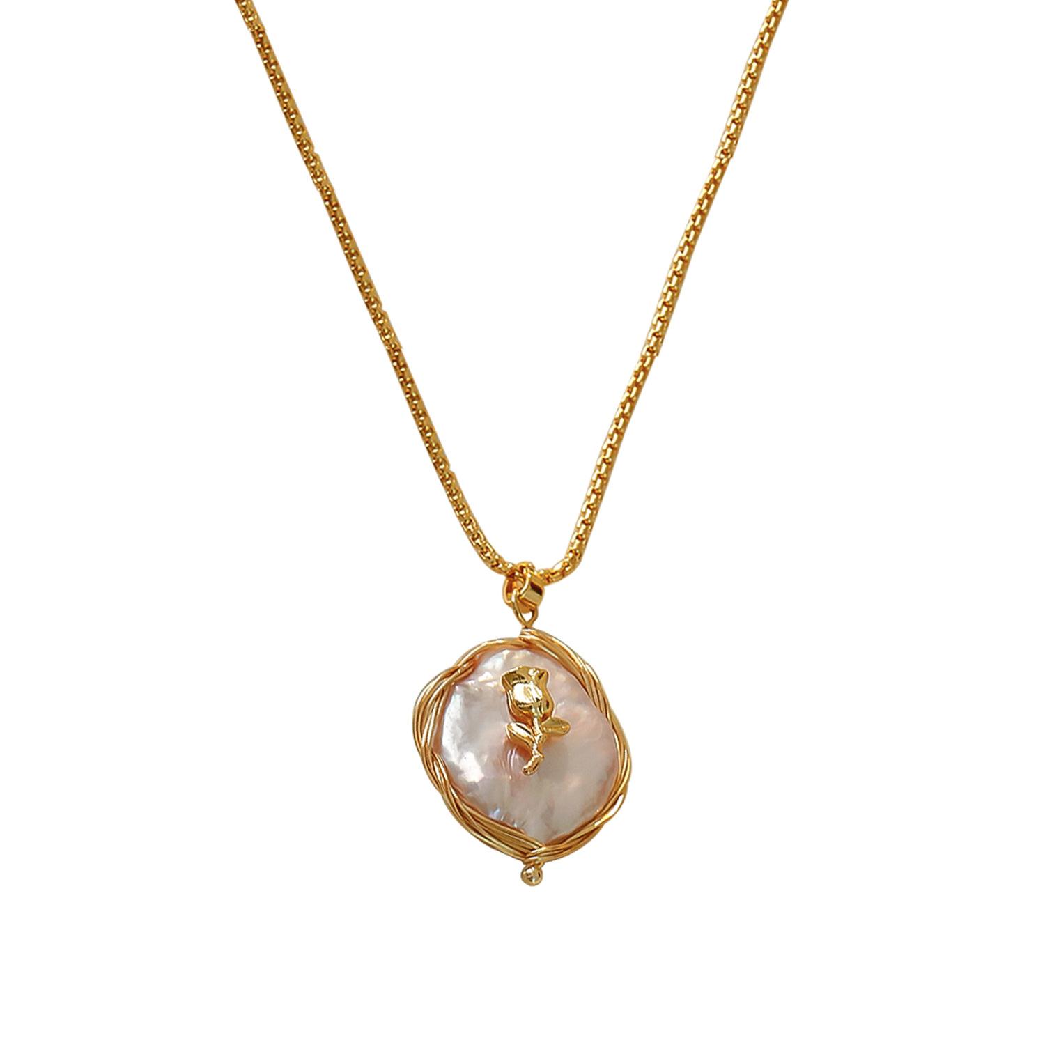 Vintage Large Baroque Pearl Pendant Necklace, 18K Gold Plated Tulip Clavicle Chain, Dainty Luxury Sweater Chain, Trendy 2026 Jewelry Gift for Her