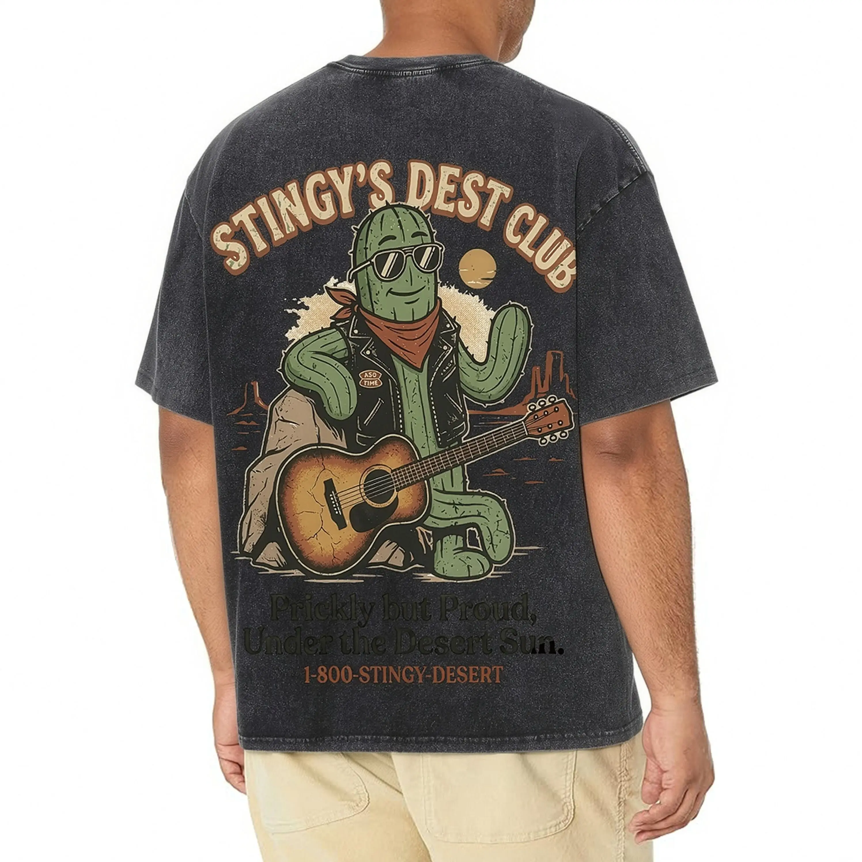 Retro Western Desert Cool Cactus Guitar Back Print Vintage Acid Wash Men Short Sleeve T-Shirt Country Cowboy Loose Casual Top