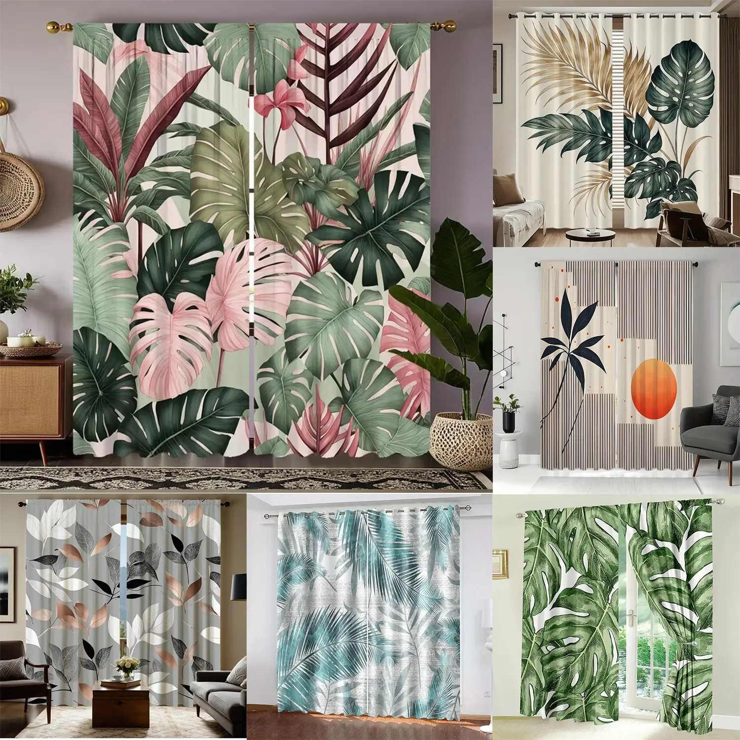 2pcs Tropical Tree Digital Print Curtains, Polyester Material, Semi-Transparent Privacy Protection, Hand Washable, Home Decor for Bedroom and Living Room