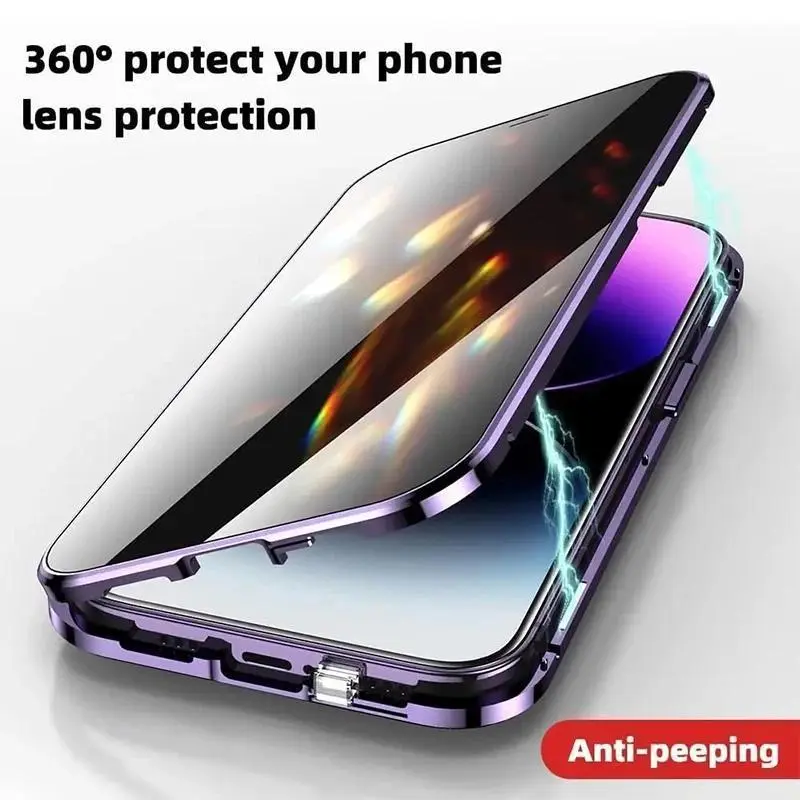 Double Glass Anti-Peep Privacy Magnetic Adsorption Phone Case For iPhone 16,15,14,13,12,11 Pro Max With Camera Lens Protection Cover